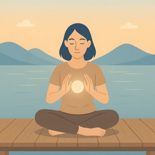 Illustration d’une femme en position de lotus tenant une boule d'énergie entre ses mains