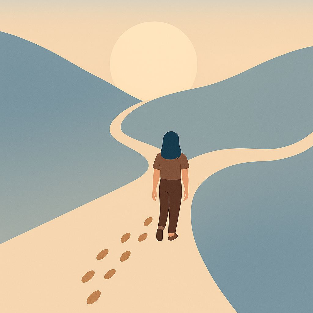 Personne avançant sur un chemin sinueux vers la lumière, symbole de transition et de recentrage intérieur.
