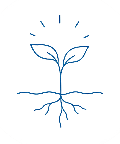 Icône d'une jeune pousse avec des racines, symbole de l'ancrage et du corps.