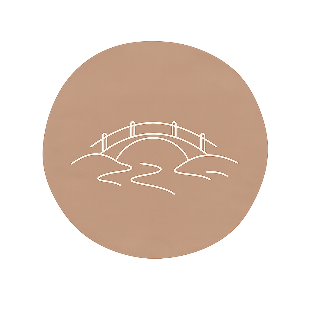 Icône d'un pont au-dessus d'une rivière, symbole du lien entre deux approches et de la connexion.