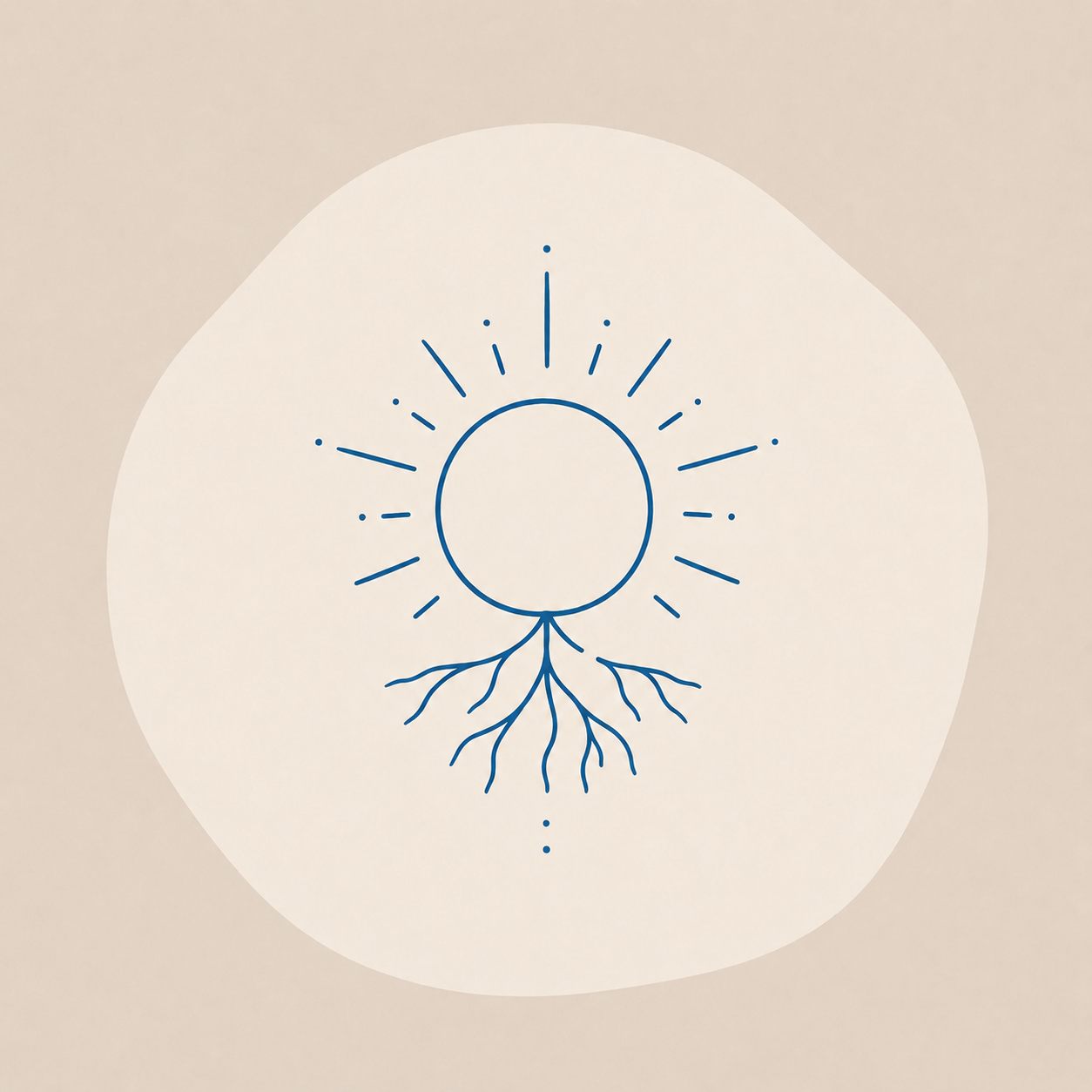 Icône d'un soleil aux racines, symbole de l'ancrage et du rayonnement intérieur.